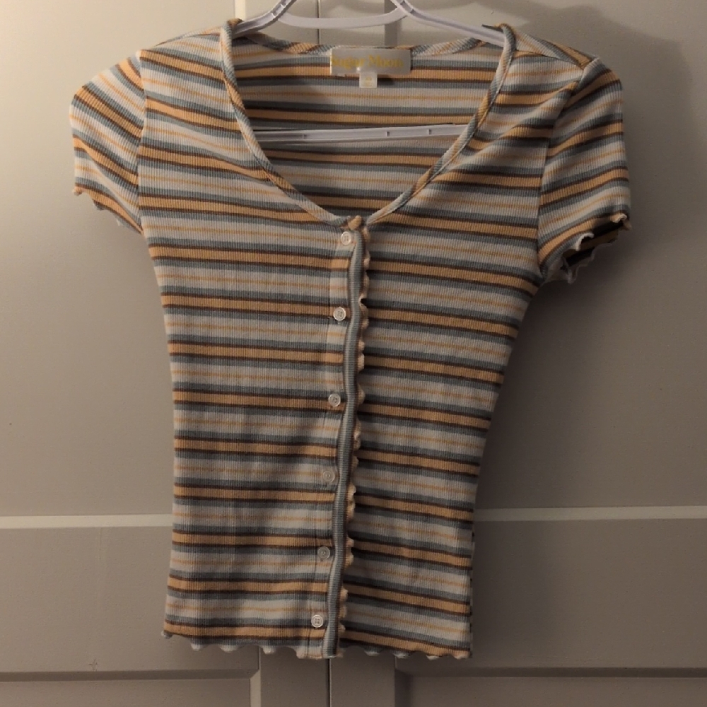 Sugar Moon Striped Button-Up Ribbed Top
